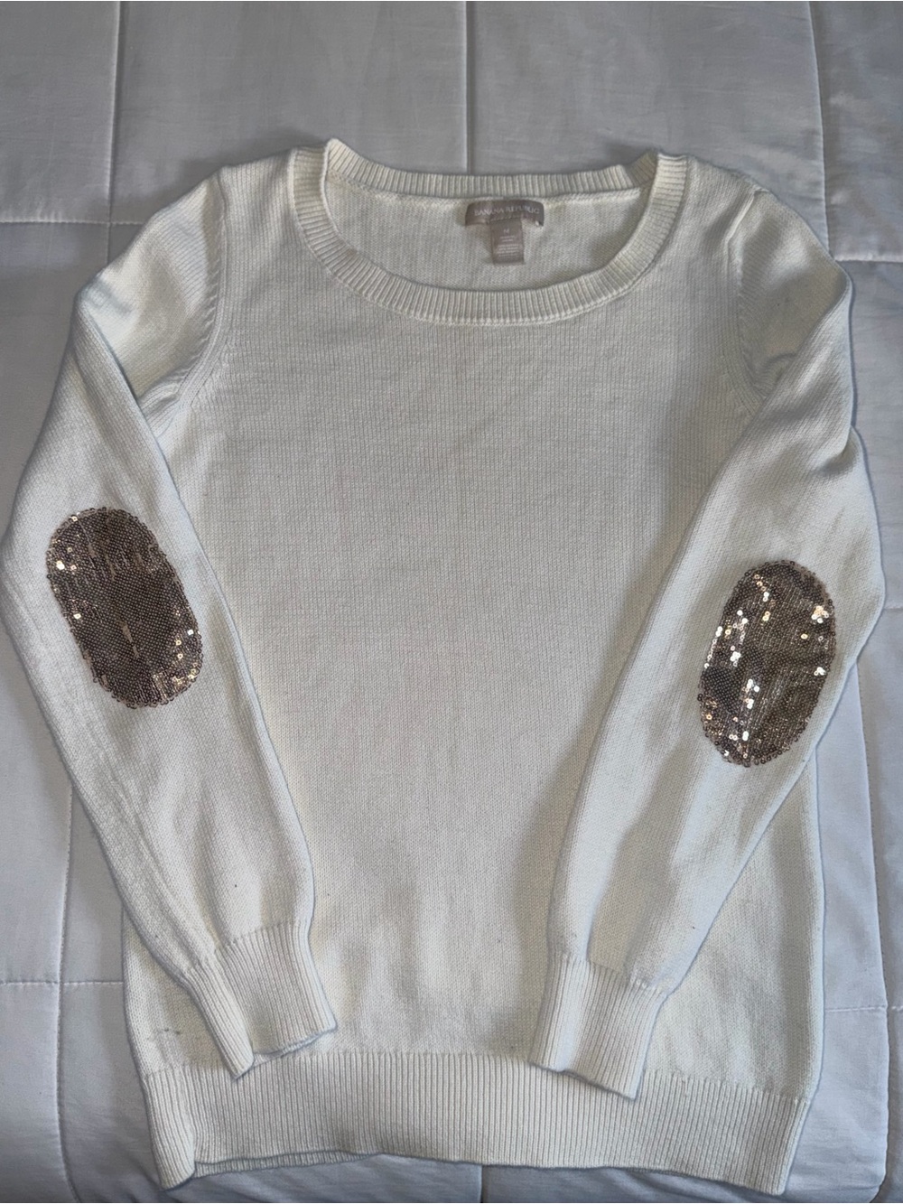 Banana Republic Off White Sweater with Sequin Elbow Patches - Medium